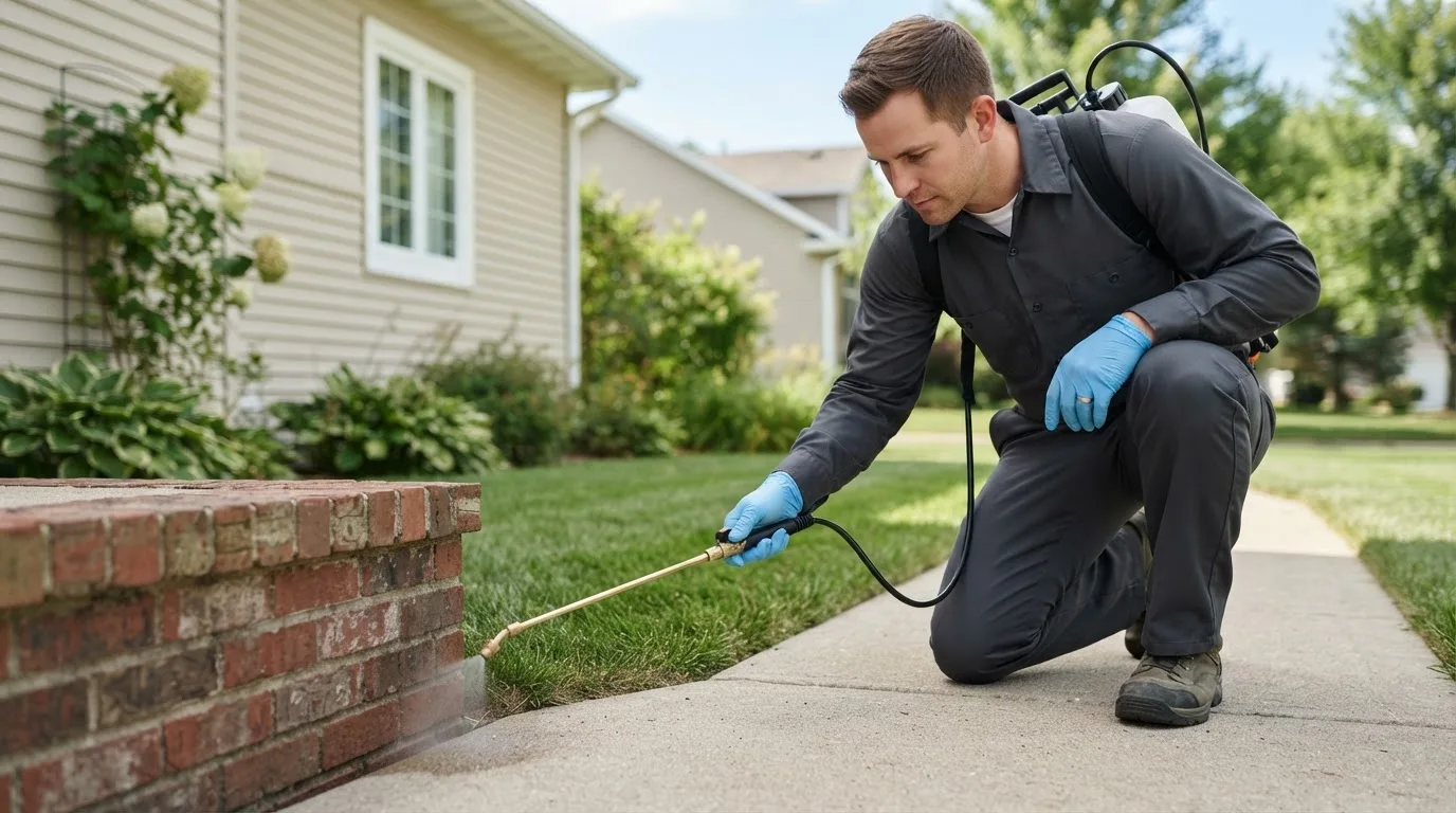 Pest control technician treating a home near Bedford, OH